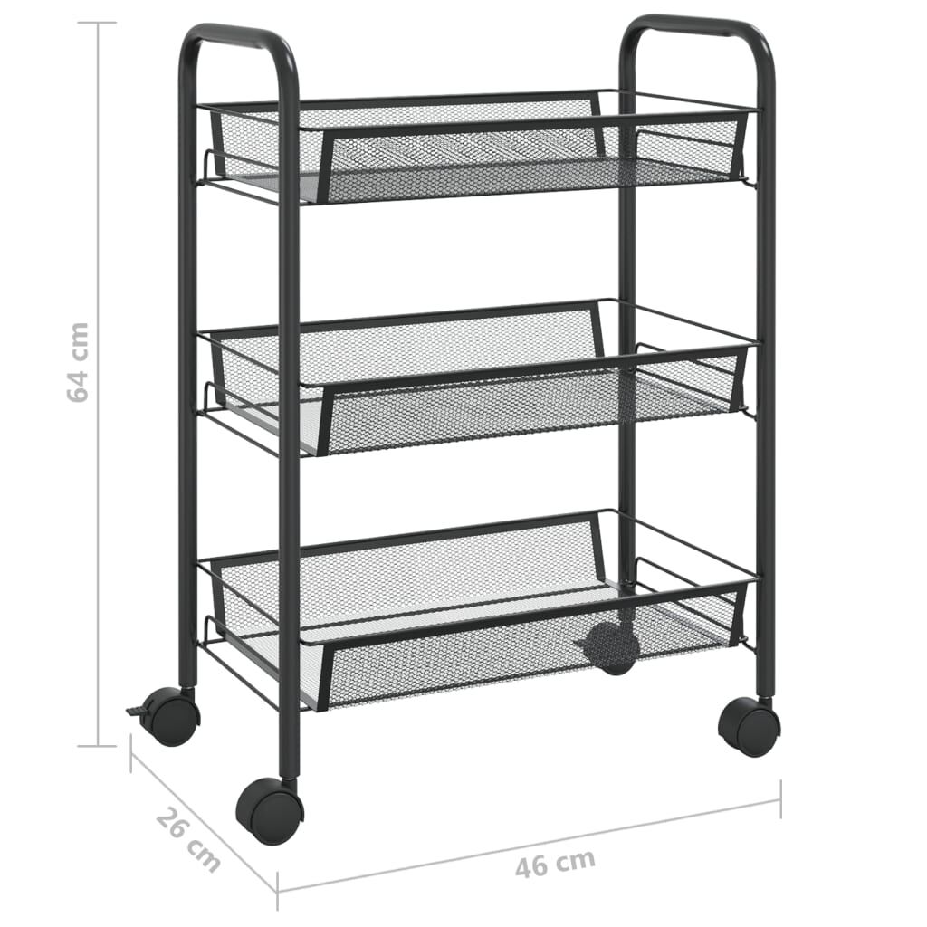 vidaXL Τρόλεϊ Κουζίνας 3 Επιπέδων Μαύρο 46 x 26 x 64 εκ. Σιδερένιο