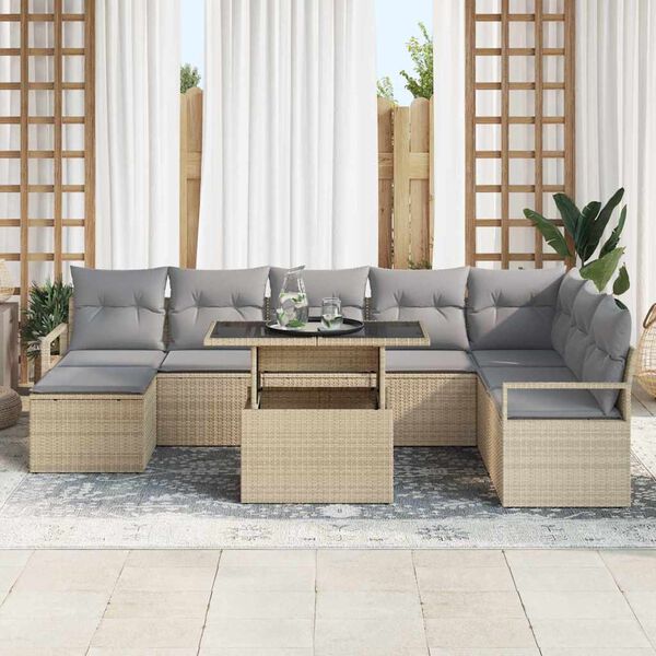 vidaXL Σετ Καναπέ Κήπου με μαξιλάρι 9 pcs μπεζ και ανοιχτό γκρι
