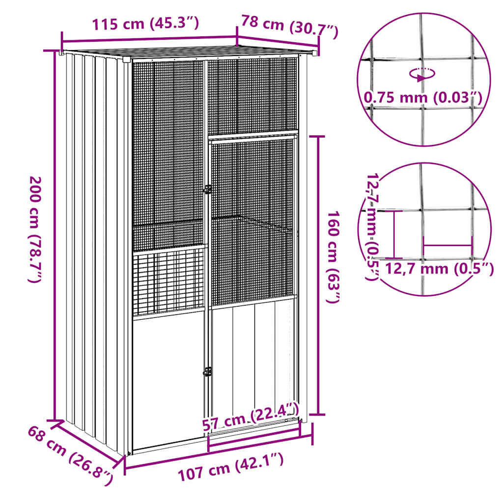 vidaXL Κλουβί Πουλιών Γκρι 115x78x200 εκ. από Γαλβανισμένο Χάλυβα