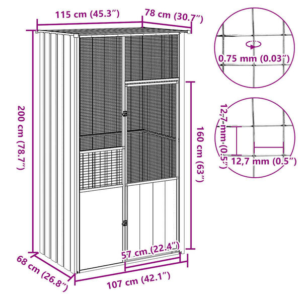 vidaXL Κλουβί Πουλιών Γκρι 115x78x200 εκ. από Γαλβανισμένο Χάλυβα