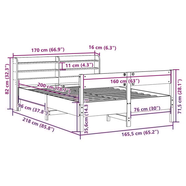 vidaXL Σκελετός Κρεβατιού Χωρίς Στρώμα 160x200 εκ Μασίφ Ξύλο Πεύκου