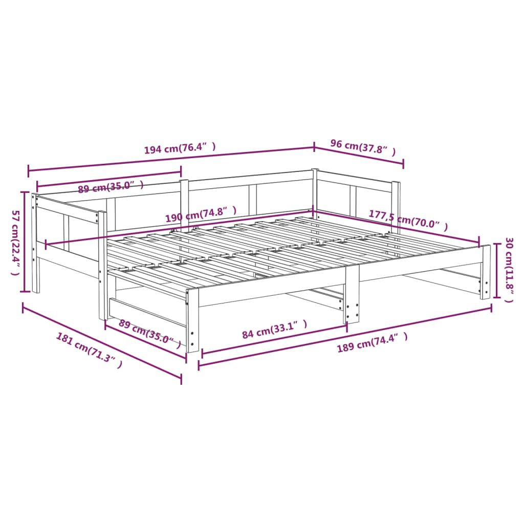 vidaXL Καναπές Κρεβάτι Συρόμενος Μαύρος 2x(90x190) εκ. Μασίφ Πεύκο