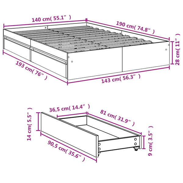 vidaXL Πλαίσιο Κρεβατιού με συρτάρια Γκρι sonoma 140x190εκ. Επεξ. Ξύλο