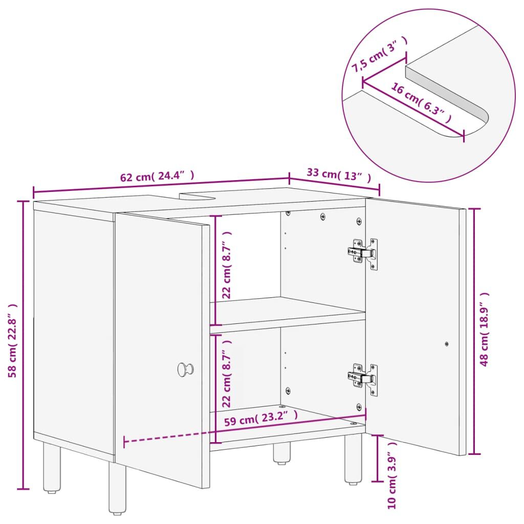 vidaXL Ντουλάπι Μπάνιου Μαύρο 62 x 33 x 58 εκ. από Μασίφ Ξύλο Μάνγκο