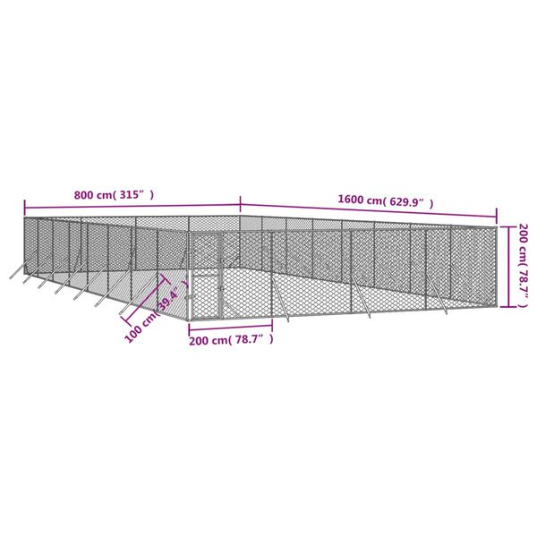 vidaXL Κλουβί Σκύλου Εξωτερ. Χώρου Ασημί 8x16x2 μ. από Γαλβαν. Ατσάλι