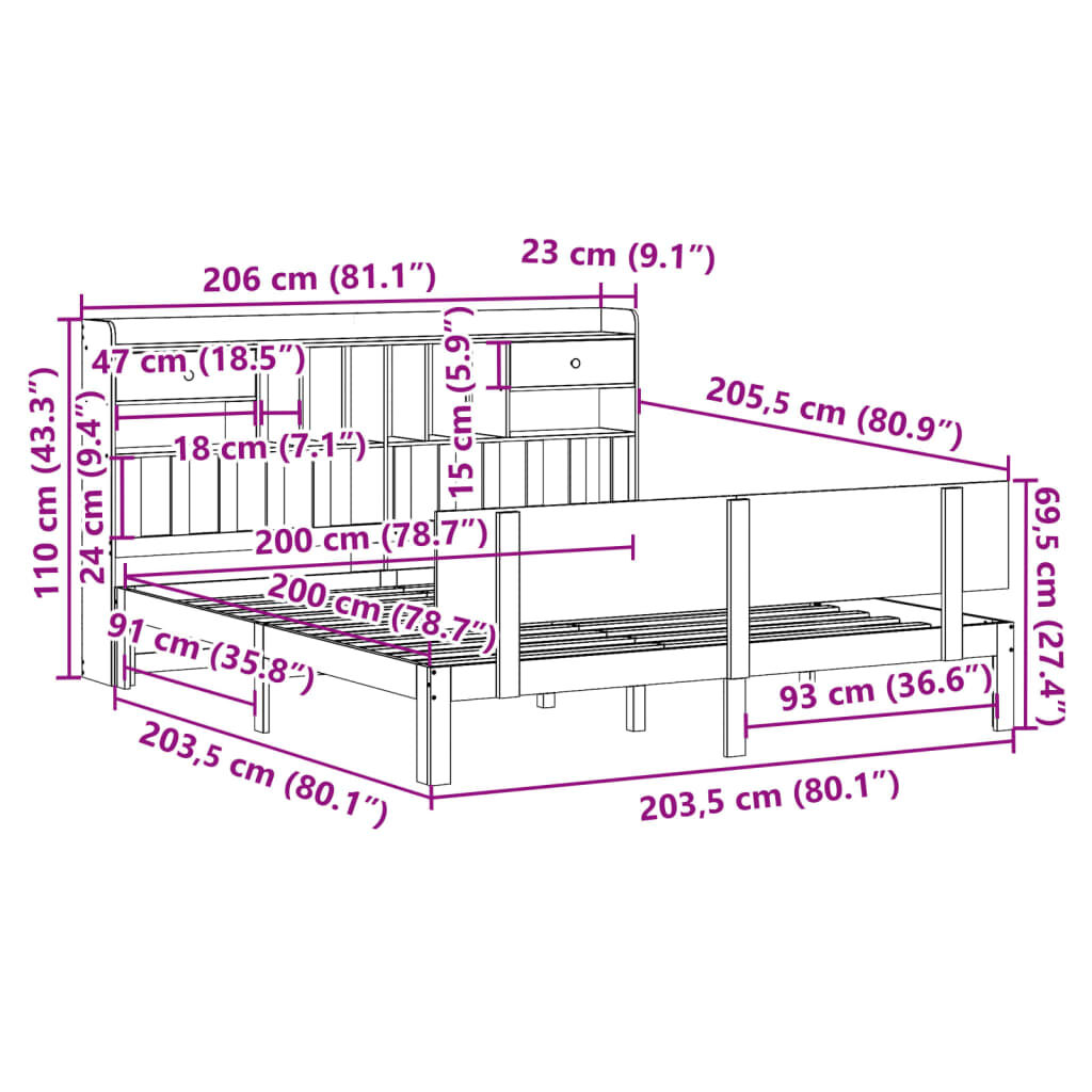 vidaXL Κρεβάτι Βιβλιοθήκη Χωρίς Στρώμα 200x200 εκ Μασίφ Ξύλο Πεύκου