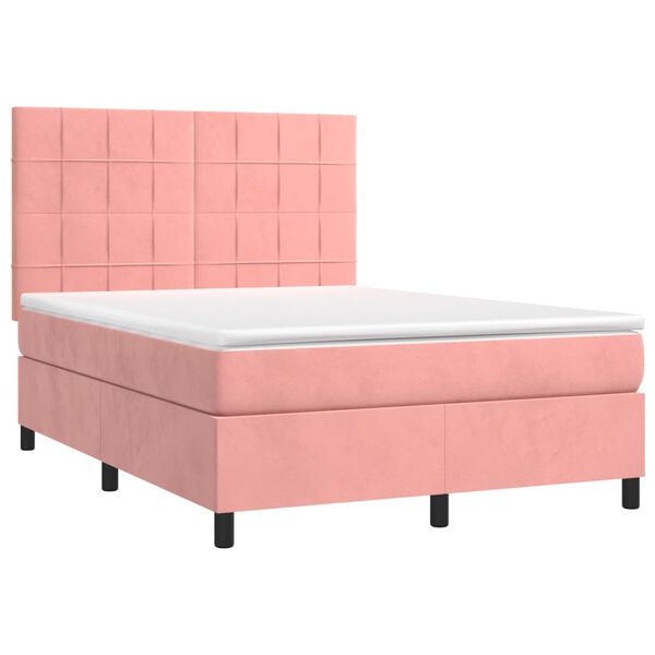 vidaXL Κρεβάτι Boxspring με Στρώμα & LED Ροζ 140x190 εκ. Βελούδινο