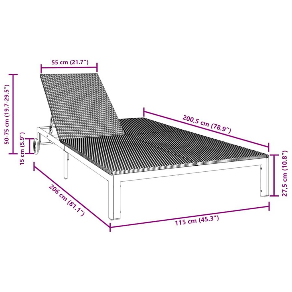 vidaXL Ήλιο-κρεβάτι 2-πρόσωπο Μαύρο 115 x 206 x 75εκ συνθετικό ρατάν