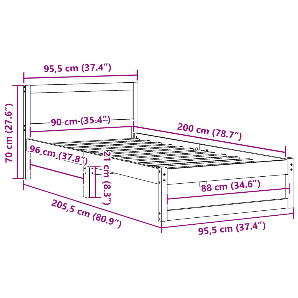 vidaXL Κλίνη Φυσική Στερεό ξύλο πεύκου 90 x 200 εκ. Ανθεκτική