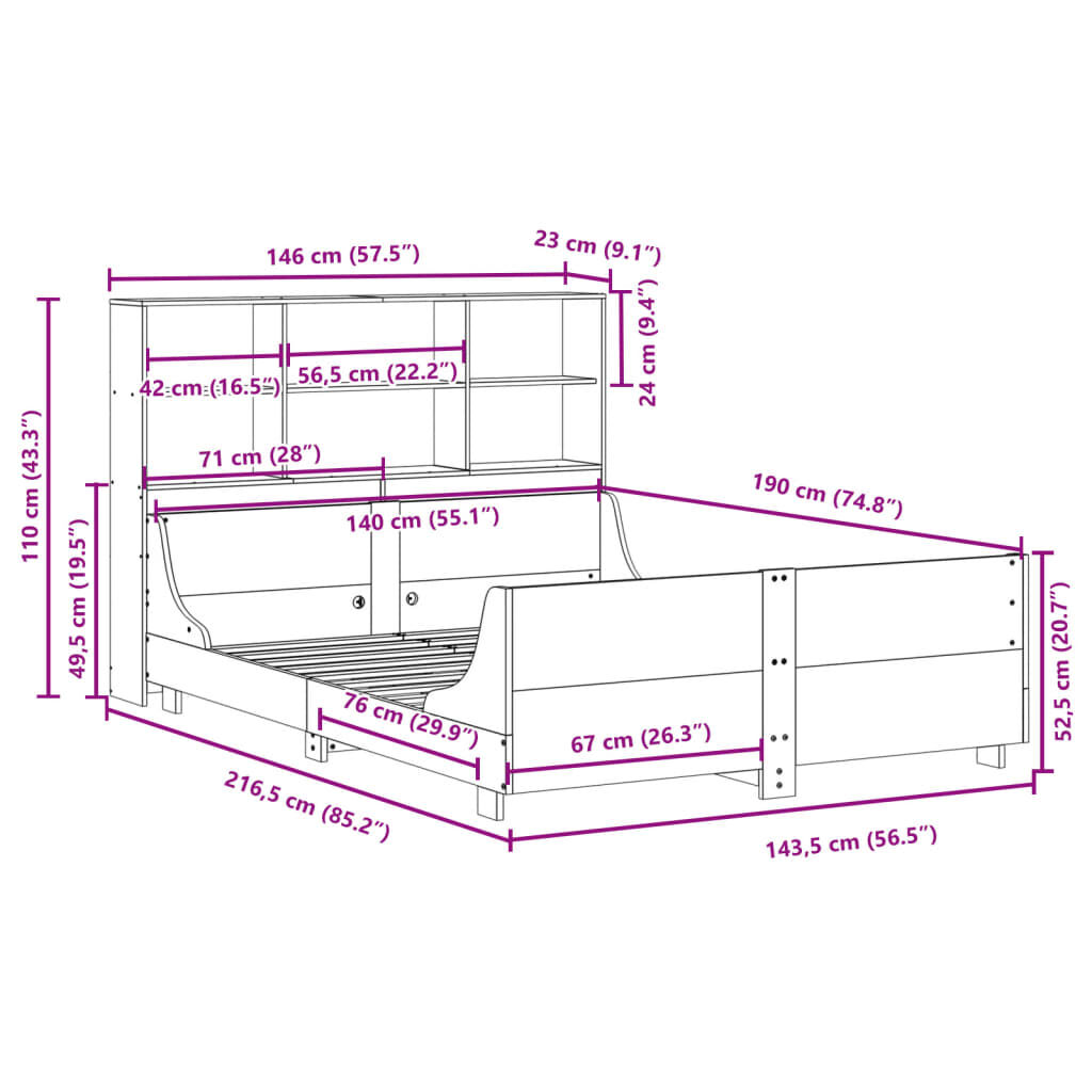 vidaXL Κρεβάτι Βιβλιοθήκη Χωρίς Στρώμα 140x190 εκ Μασίφ Πεύκο