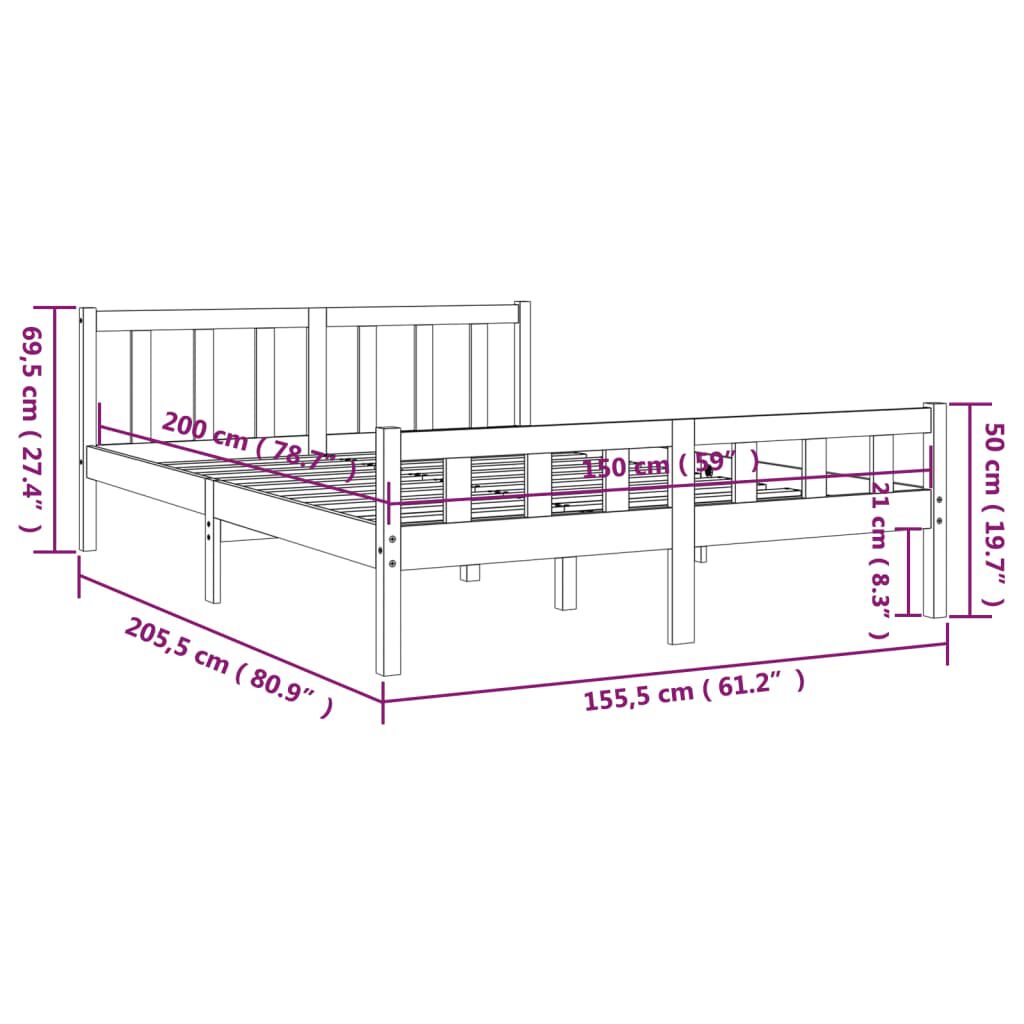 vidaXL Πλαίσιο Κρεβατιού Γκρι 150 x 200 εκ. Μασίφ Ξύλο King Size