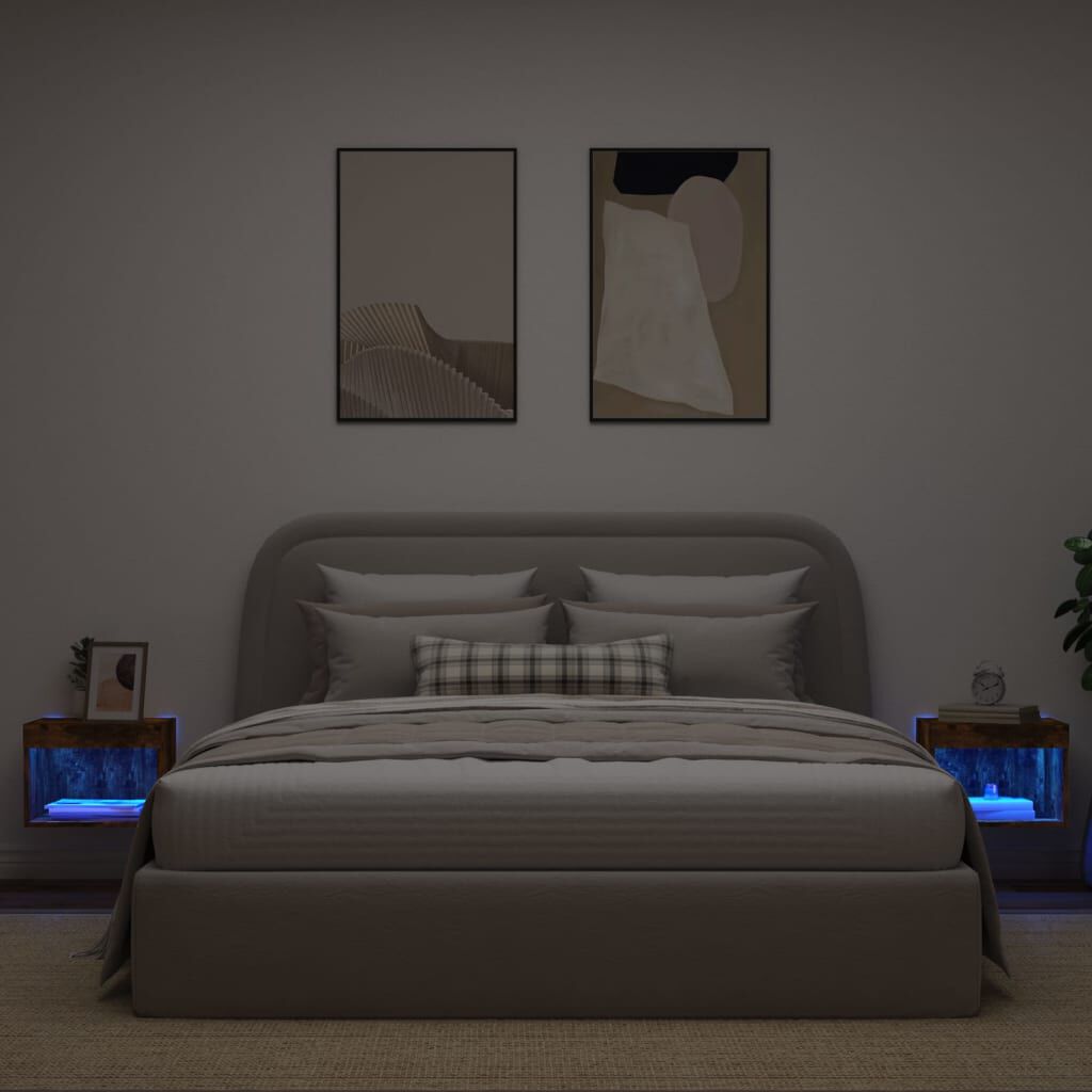 vidaXL Κομοδίνα Επιτοίχια με Φώτα LED 2 Τεμ. Καπνιστή Δρυς