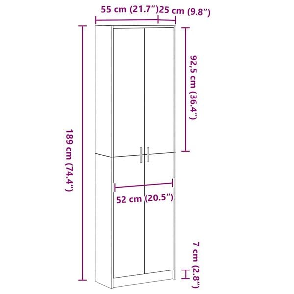 vidaXL Ντουλάπι με ράφι Λευκό 55 x 25 x 189 εκ. Επεξεργασμένο ξύλο