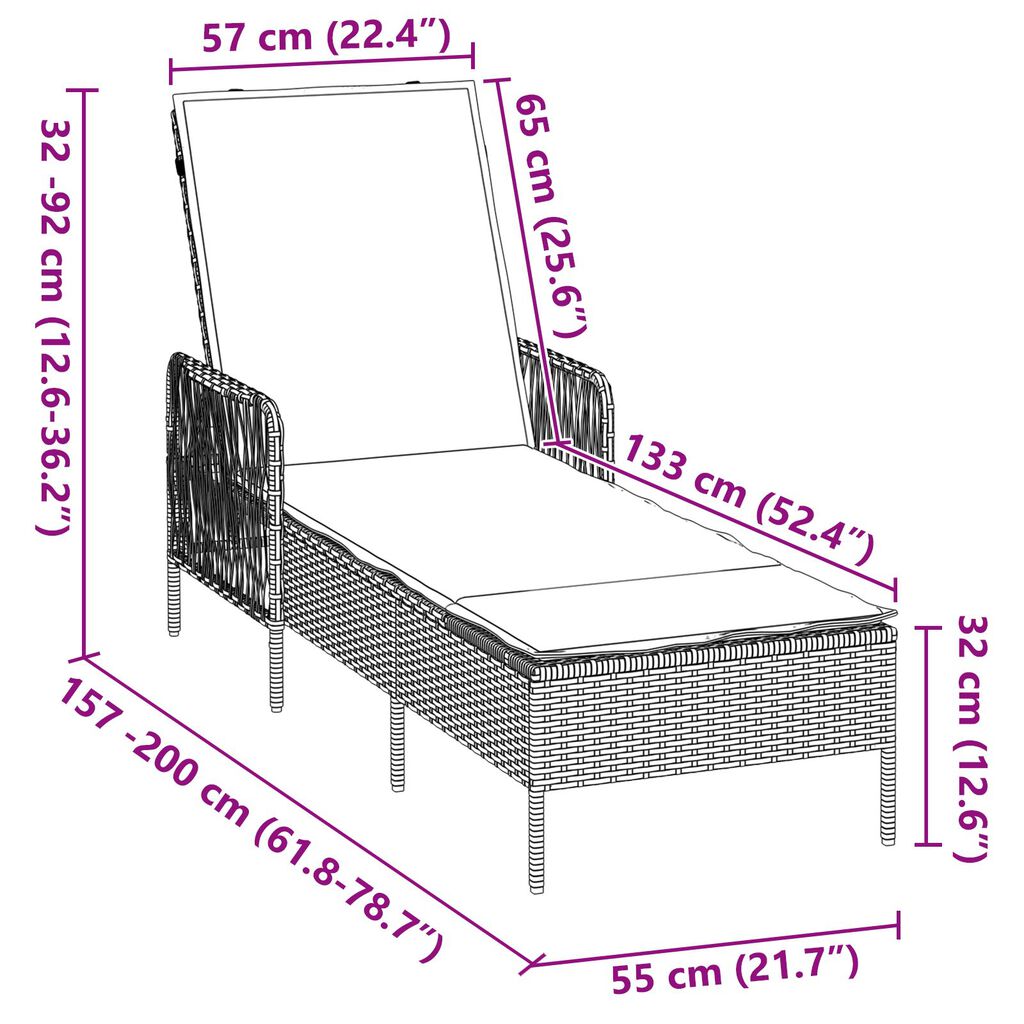vidaXL Ξαπλώστρα Μαύρη και Κρεμ PE Ρατάν 157 x 55 x 92 εκ.