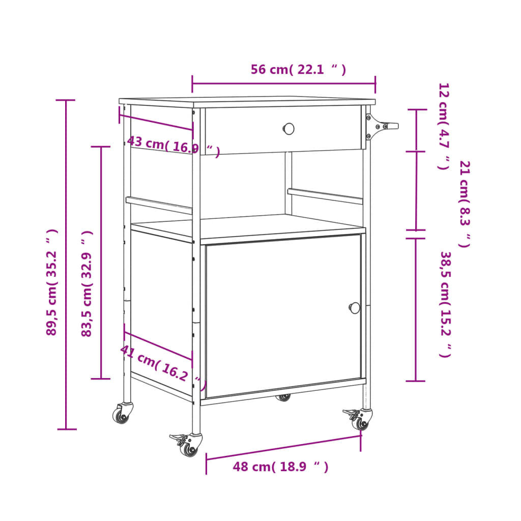 vidaXL Τρόλεϊ Κουζίνας Καφέ Δρυς 56x43x89,5 εκ. από Επεξεργασμένο Ξύλο