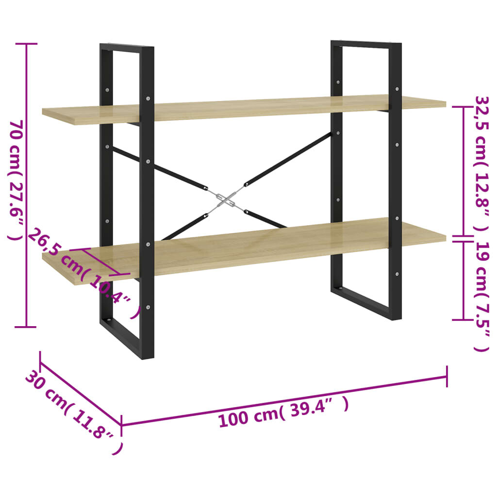 vidaXL Βιβλιοθήκη με 2 Ράφια Sonoma Δρυς 100 x 30 x 70 εκ. Επεξ. Ξύλο