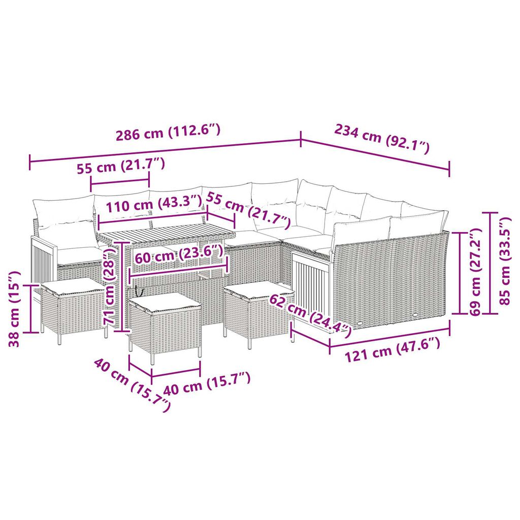 vidaXL Σετ Καναπέ Κήπου με μαξιλάρι 13 pcs Γκρι 110 x 55 x 71 εκ