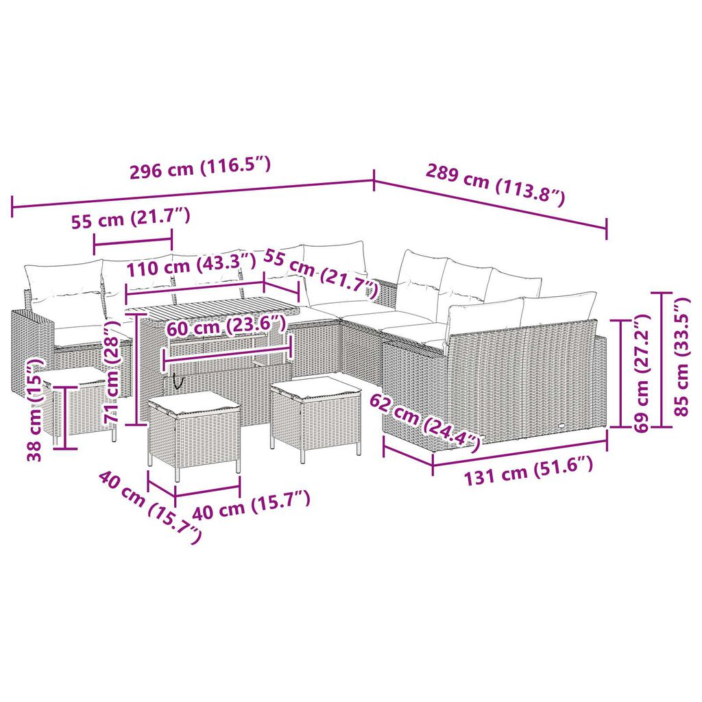 vidaXL Σετ Καναπέ Κήπου 14 pcs Μαύρο και κρεμ 110 x 55 x 71 εκ