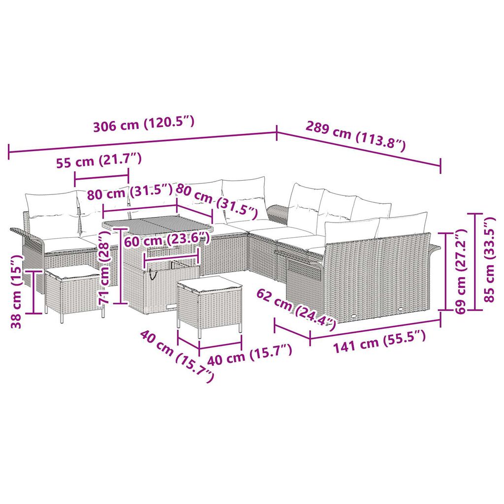vidaXL Σετ Καναπέ Κήπου 13 pcs Μαύρο και Κρέμα 80 x 80 x 71 cm