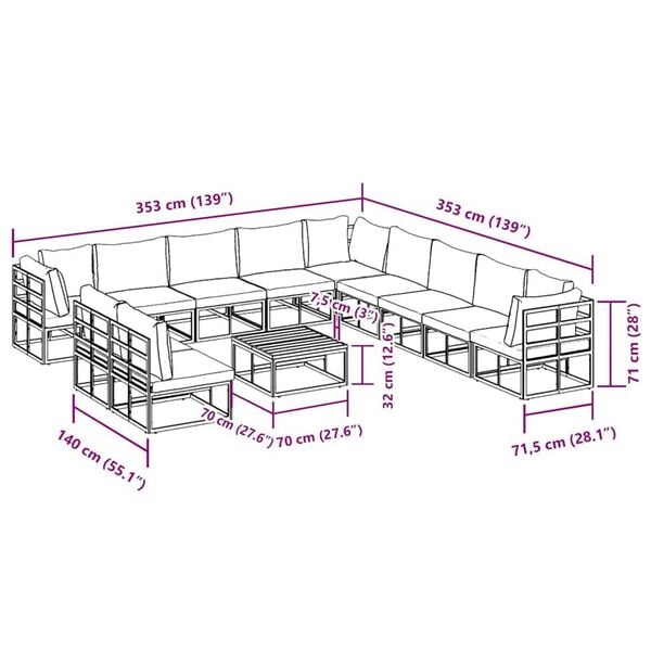 vidaXL Σετ Καναπέ Κήπου με μαξιλάρι 12 pcs Μαύρο Αλουμίνιο