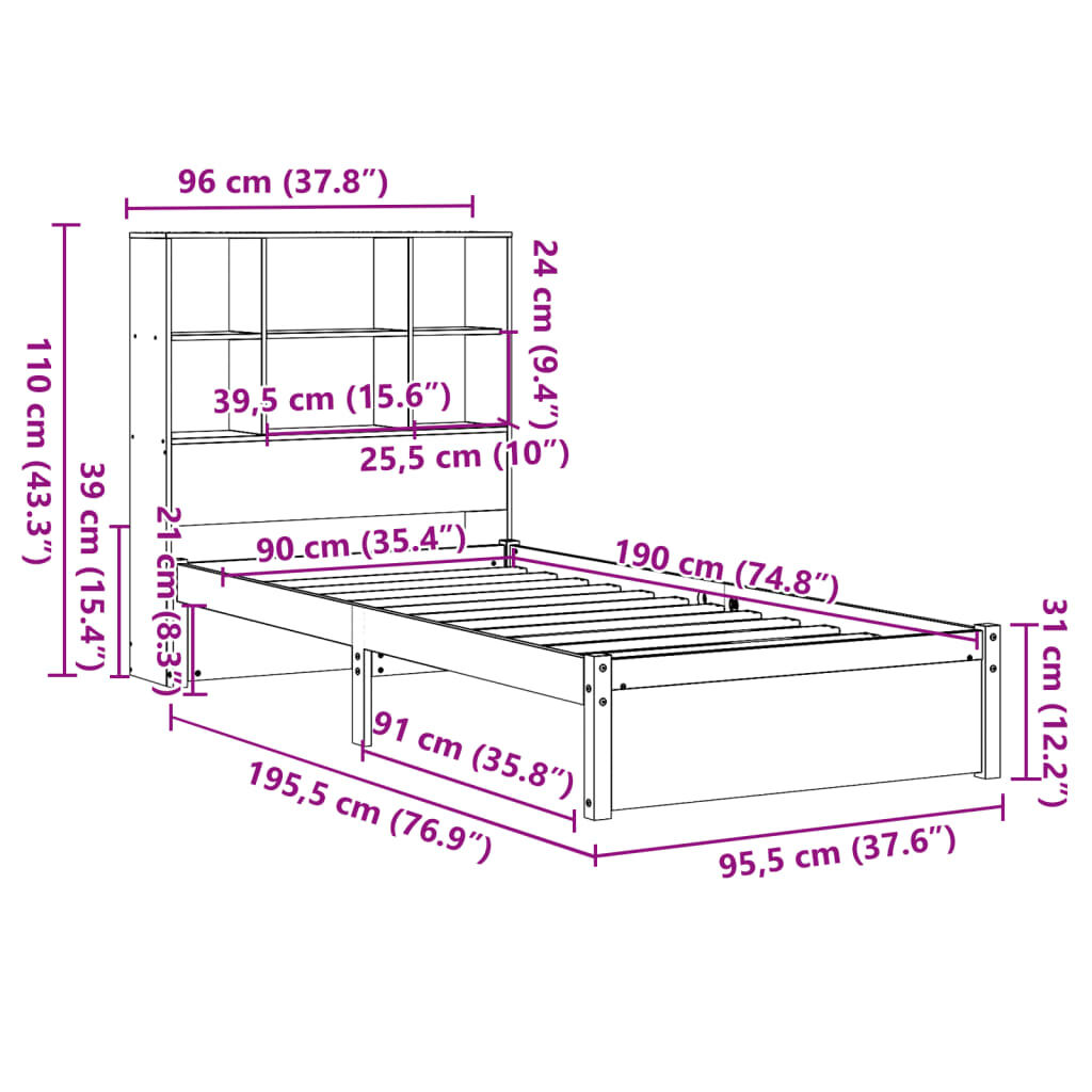 vidaXL Κρεβάτι Βιβλιοθήκη Χωρίς Στρώμα 90x190 εκ Μασίφ Ξύλο Πεύκου