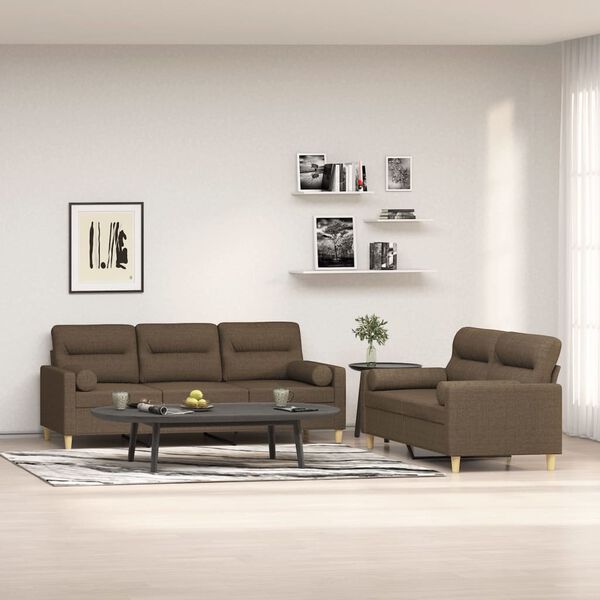 vidaXL Σετ Σαλονιού 2 Τεμαχίων Καφέ Ύφασμα + Διακοσμητικά Μαξιλάρια