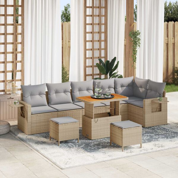 vidaXL Σετ Καναπέ Κήπου Ρυθμιζόμενο ύψος 9 pcs Μπεζ συνθετικό ρατάν