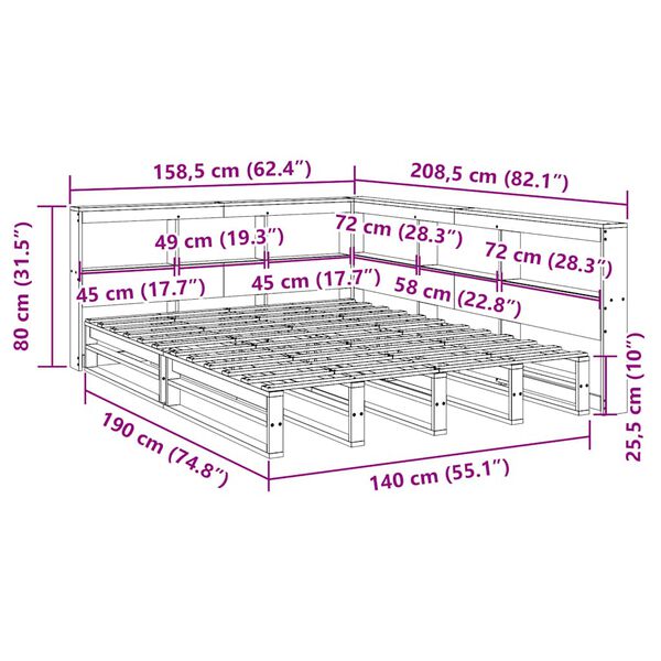 vidaXL Κρεβάτι Βιβλιοθήκη Χωρίς Στρώμα 140x190 εκ Μασίφ Ξύλο Πεύκου