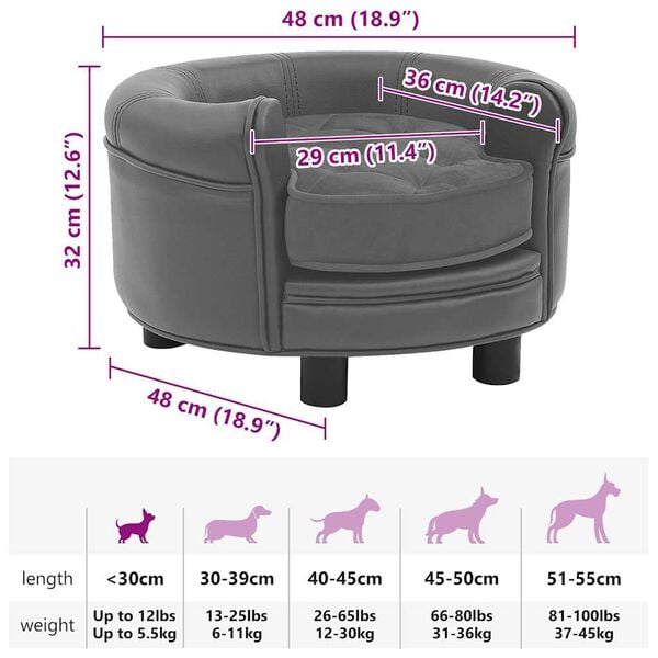 vidaXL Καναπές-Κρεβάτι Σκύλου Γκρι 48x48x32 εκ. Βελουτέ/Συνθετ. Δέρμα