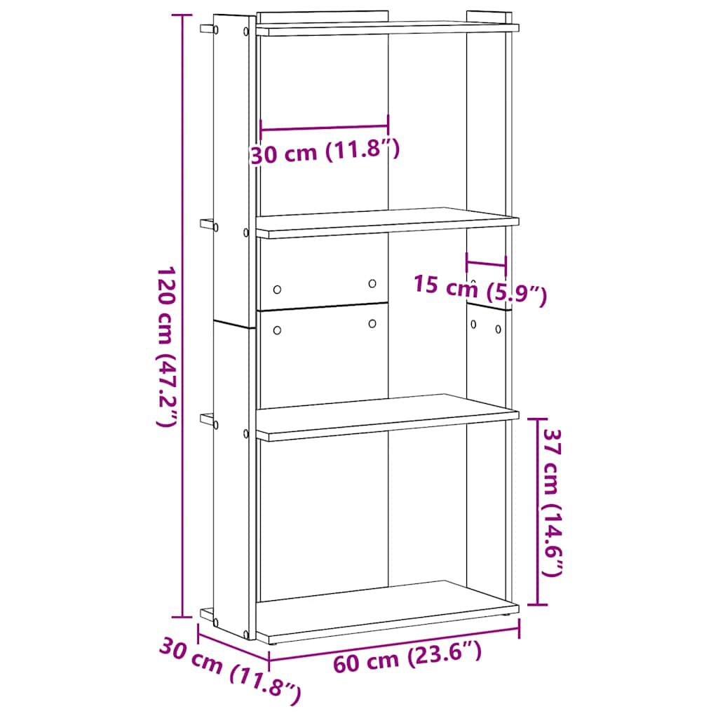vidaXL Βιβλιοθήκη 3 Επιπέδων Καφέ Δρυς 60 x 30 x 120 εκ. Επεξεργ. Ξύλο