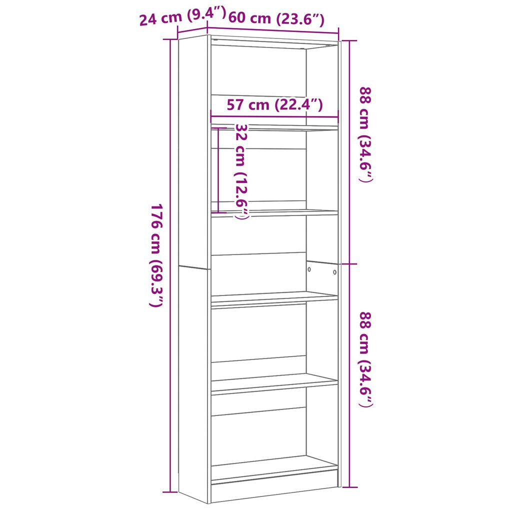 vidaXL Μαύρη Δρύινη Βιβλιοθήκη - 60x24x176 εκ