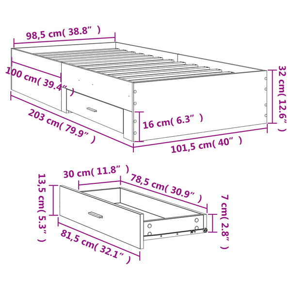 vidaXL Πλαίσιο Κρεβατιού με συρτάρια Γκρι sonoma 100x200εκ. Επεξ. Ξύλο