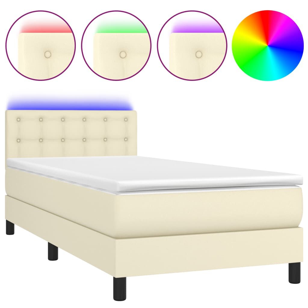 vidaXL Κρεβάτι Boxspring με Στρώμα & LED Κρεμ 100x200 εκ. Συνθ. Δέρμα