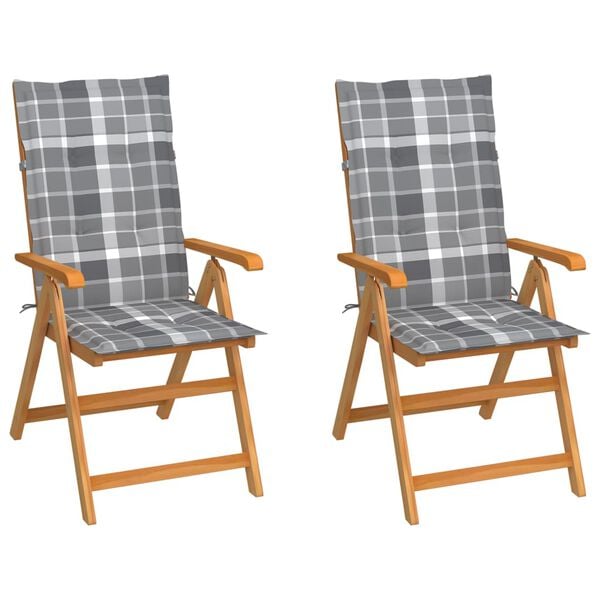 vidaXL Καρέκλες Κήπου 2 τεμ. από Μασίφ Ξύλο Teak & Γκρι Καρό Μαξιλάρια