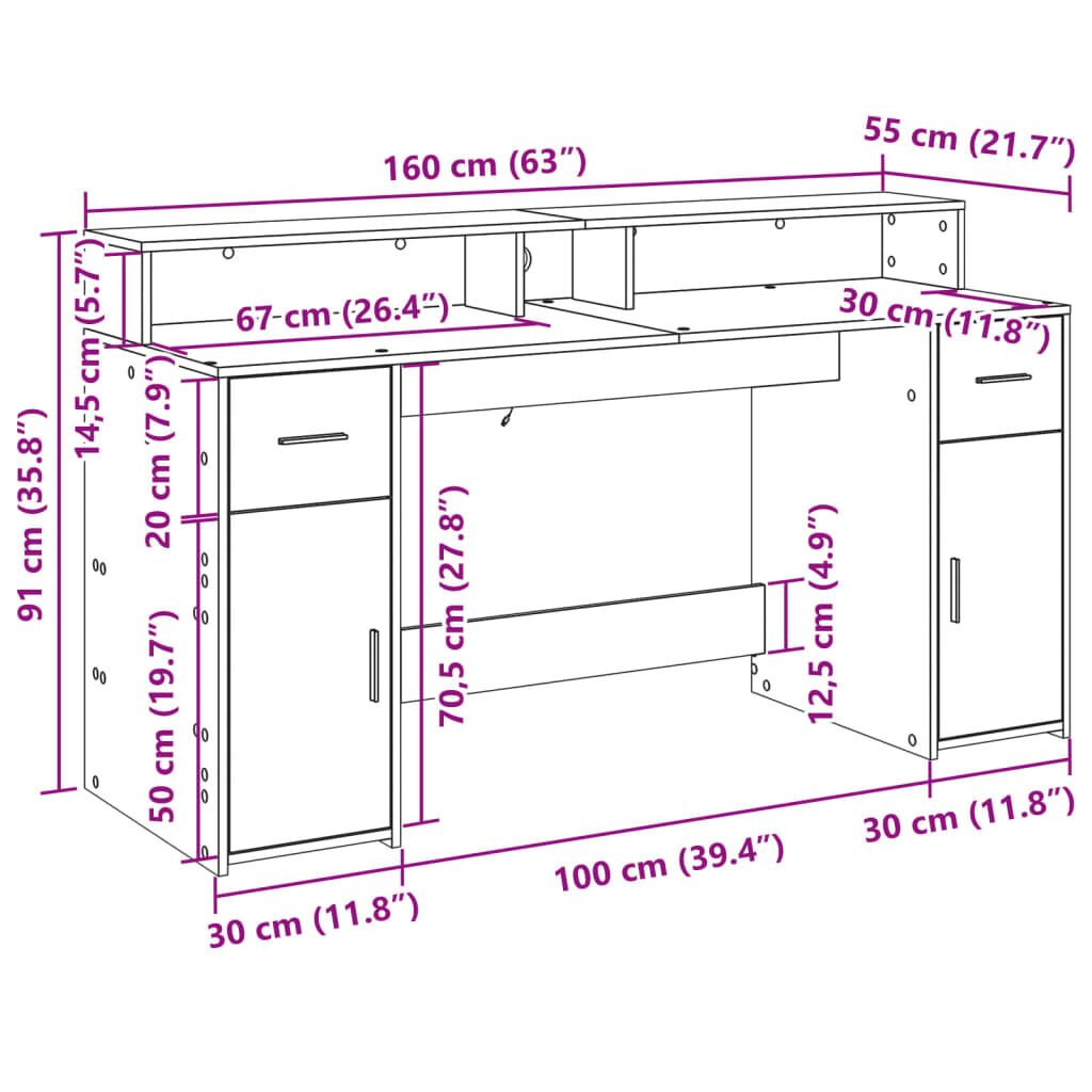 vidaXL Γραφείο με LED Καφέ δρυς 160x55x91 εκ. Επεξεργ. Ξύλο