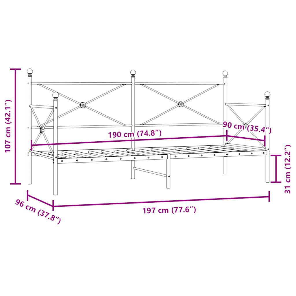 vidaXL Κρεβάτι ημέρας χωρίς στρώμα Λευκό 90x190 cm Ατσάλι