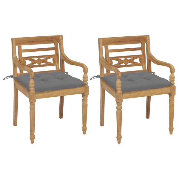 vidaXL Καρέκλες Batavia 2 τεμ. από Μασίφ Ξύλο Teak με Γκρι Μαξιλάρια