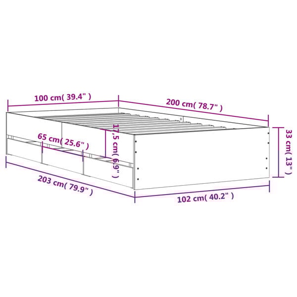vidaXL Πλαίσιο Κρεβατιού με Συρτάρια Μαύρο 100x200 εκ Επεξεργ. Ξύλο