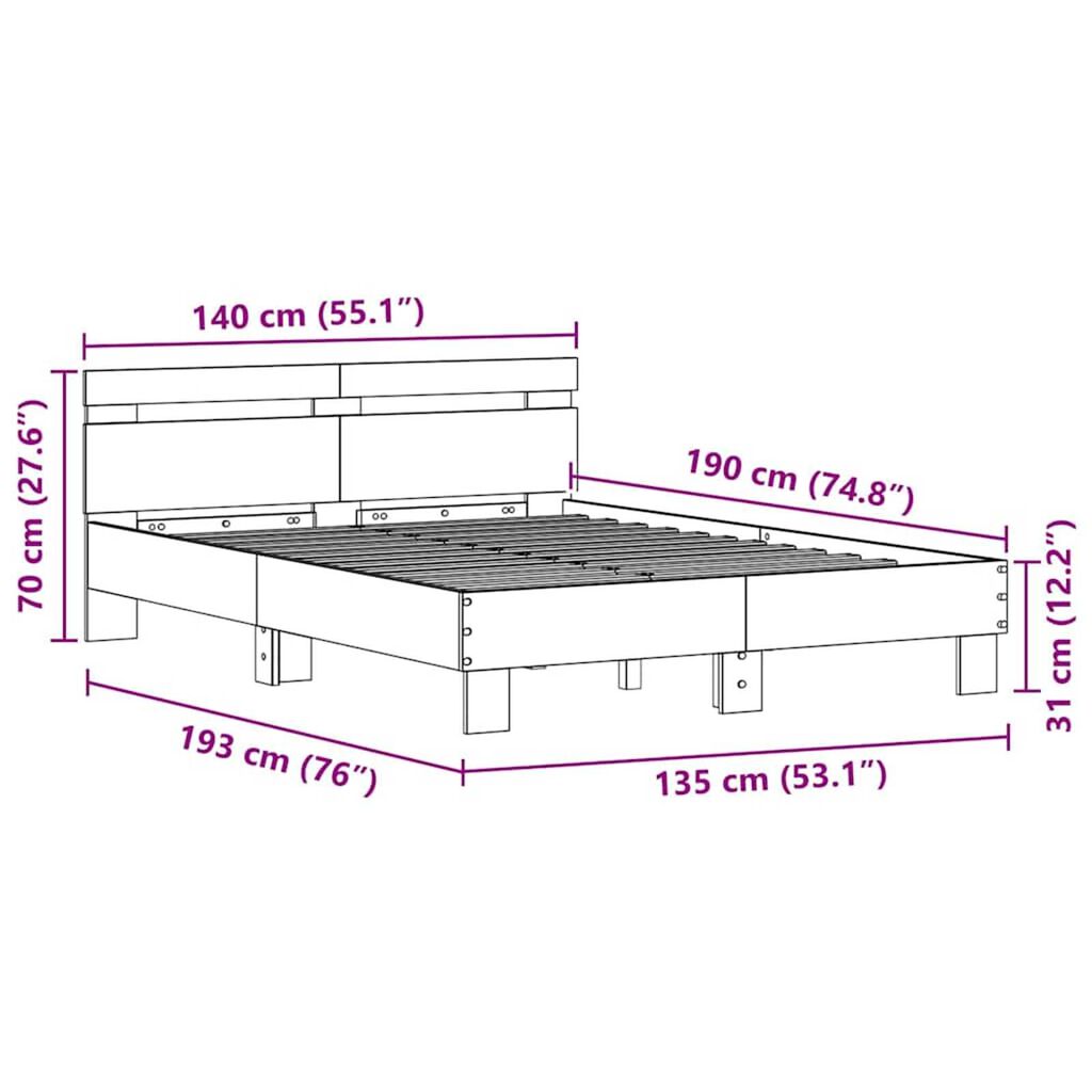 vidaXL Σκελετός Κρεβατιού artisan δρυς 135 x 190 cm Επεξεργασμένο ξύλο