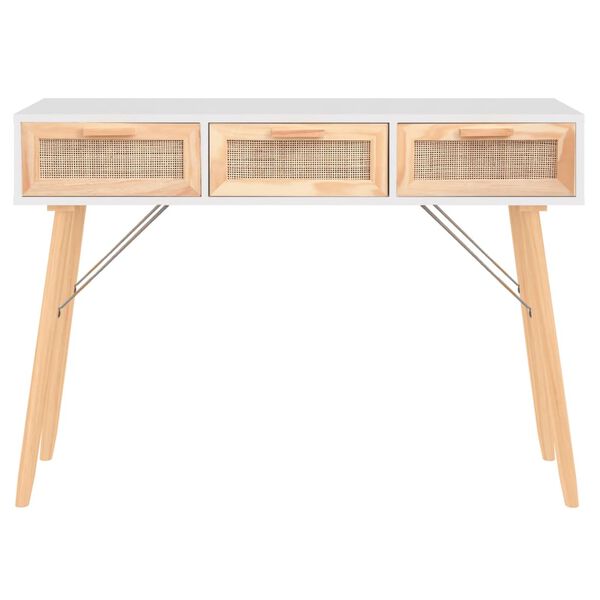 vidaXL Τραπέζι Κονσόλα Λευκό 105x30x75 εκ. Μασίφ Πεύκο & Φυσικό Ρατάν