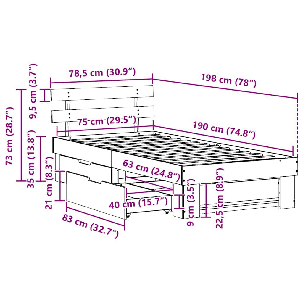 vidaXL Σκελετός Κρεβατιού Λευκό 75 x 190 cm Μασίφ ξύλο πεύκου