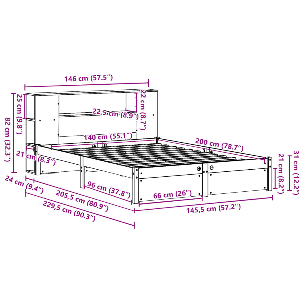 vidaXL Κρεβάτι Βιβλιοθήκη Χωρίς Στρώμα 140x200 εκ Μασίφ Ξύλο Πεύκο