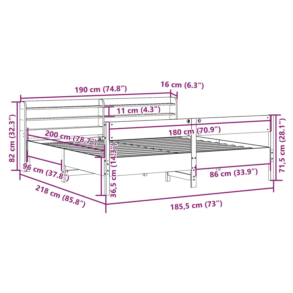 vidaXL Σκελετός Κρεβατιού Χωρίς Στρώμα 180x200 εκ Μασίφ Ξύλο Πεύκου