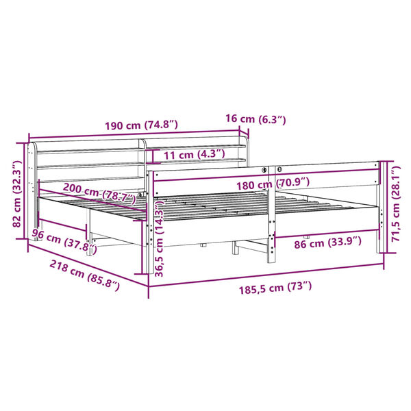 vidaXL Σκελετός Κρεβατιού Χωρίς Στρώμα 180x200 εκ Μασίφ Ξύλο Πεύκου