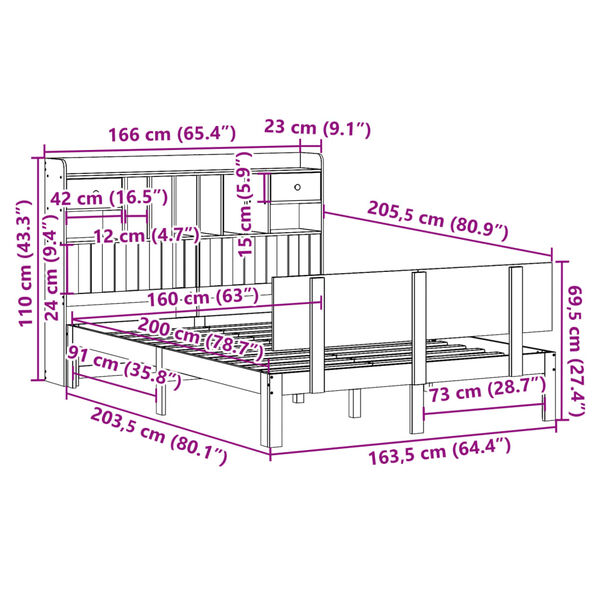vidaXL Κρεβάτι Βιβλιοθήκη Χωρίς Στρώμα 160x200 εκ Μασίφ Ξύλο Πεύκου