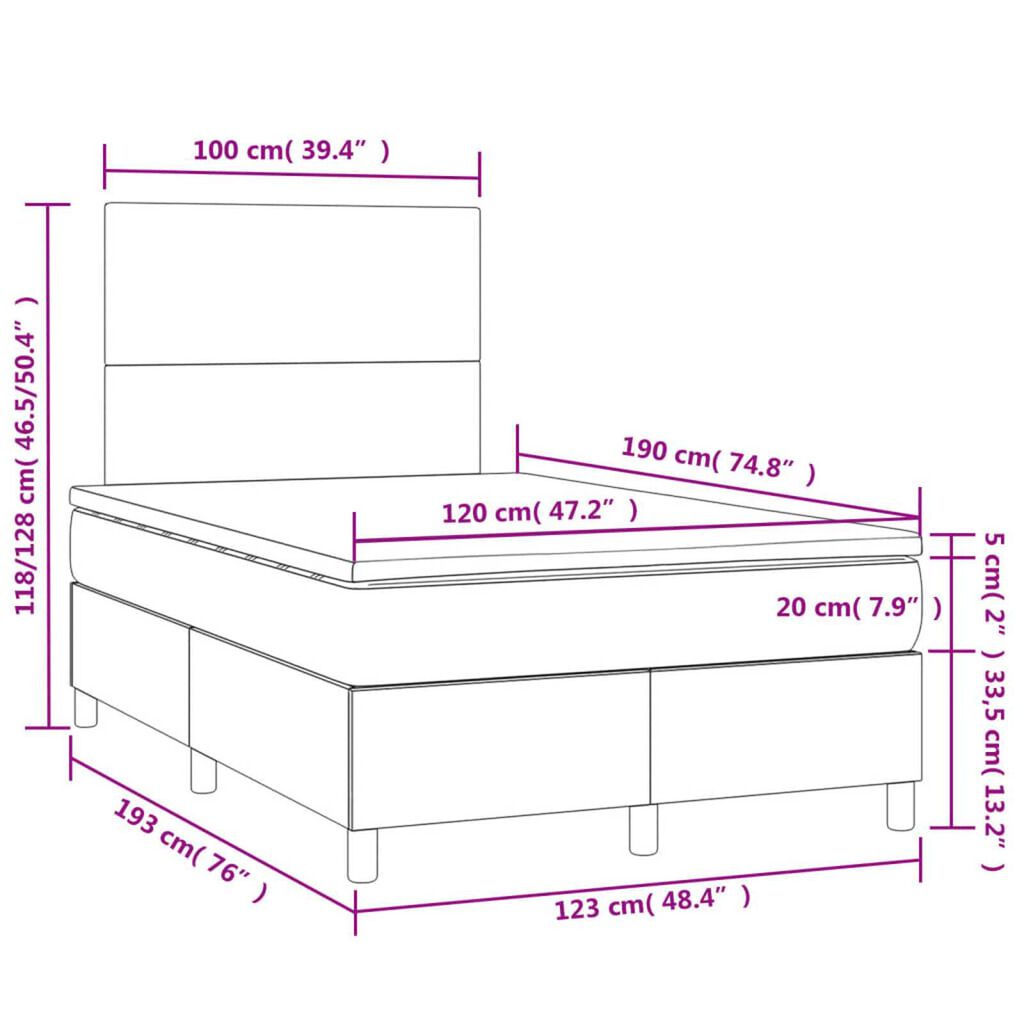 vidaXL Κρεβάτι Boxspring με Στρώμα&LED Μαύρο 120x190εκ.Συνθετικό Δέρμα