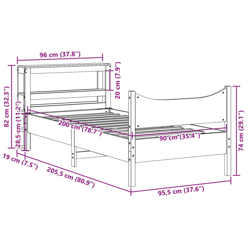 vidaXL Πλαίσιο Κρεβατιού με Κεφαλάρι Λευκό 90x200 εκ Μασίφ Ξύλο Πεύκου