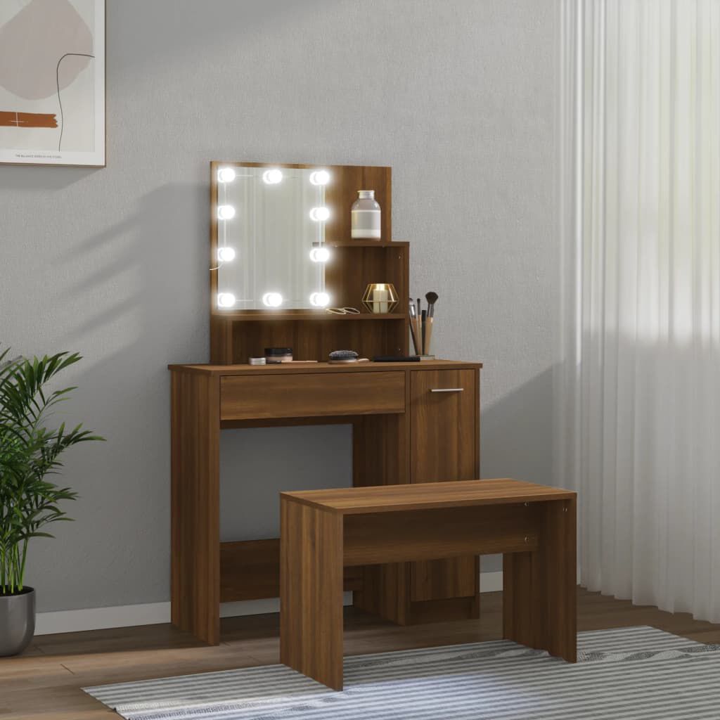 vidaXL Μπουντουάρ Σετ με LED Καφέ δρυς από Επεξεργασμένο Ξύλο