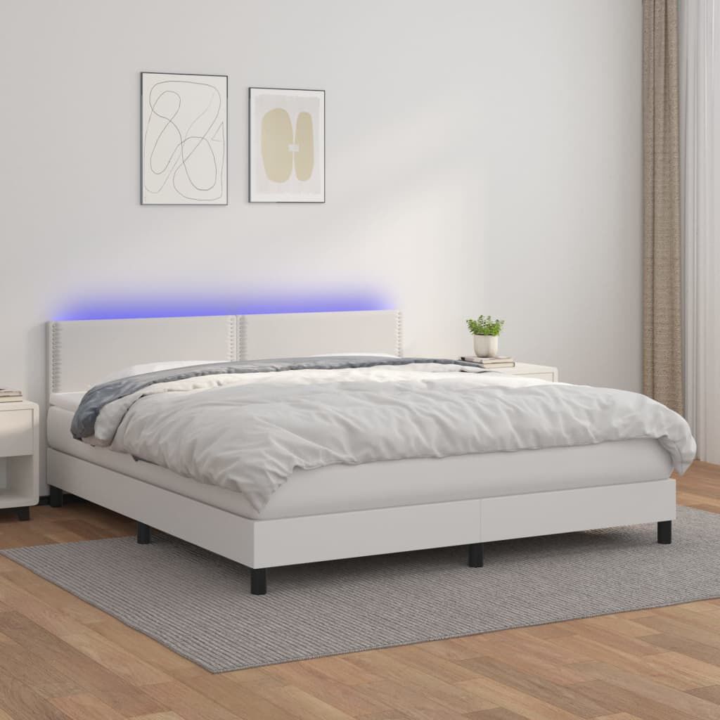 vidaXL Κρεβάτι Boxspring με Στρώμα & LED Λευκό 160x200 εκ. Συνθ. Δέρμα