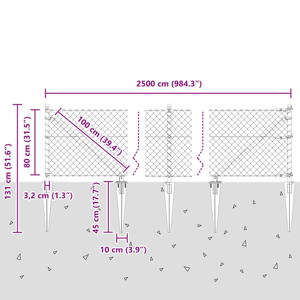 vidaXL Περίφραξη αλυσίδας με 13 στήλες 0.8x25 μ γαλβανισμένο ατσάλι